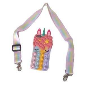 NWOT iPhone 5/5s/SE Pop It Rainbow Unicorn Silicone Phone Case w/AdjLanyard